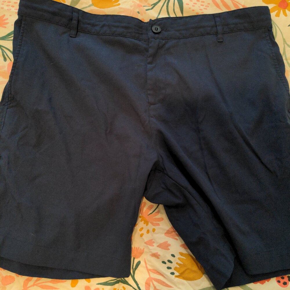 Outlier New Way Navy Twill Chino Shorts 38 Flat Front Nylon Stretch Drawstring